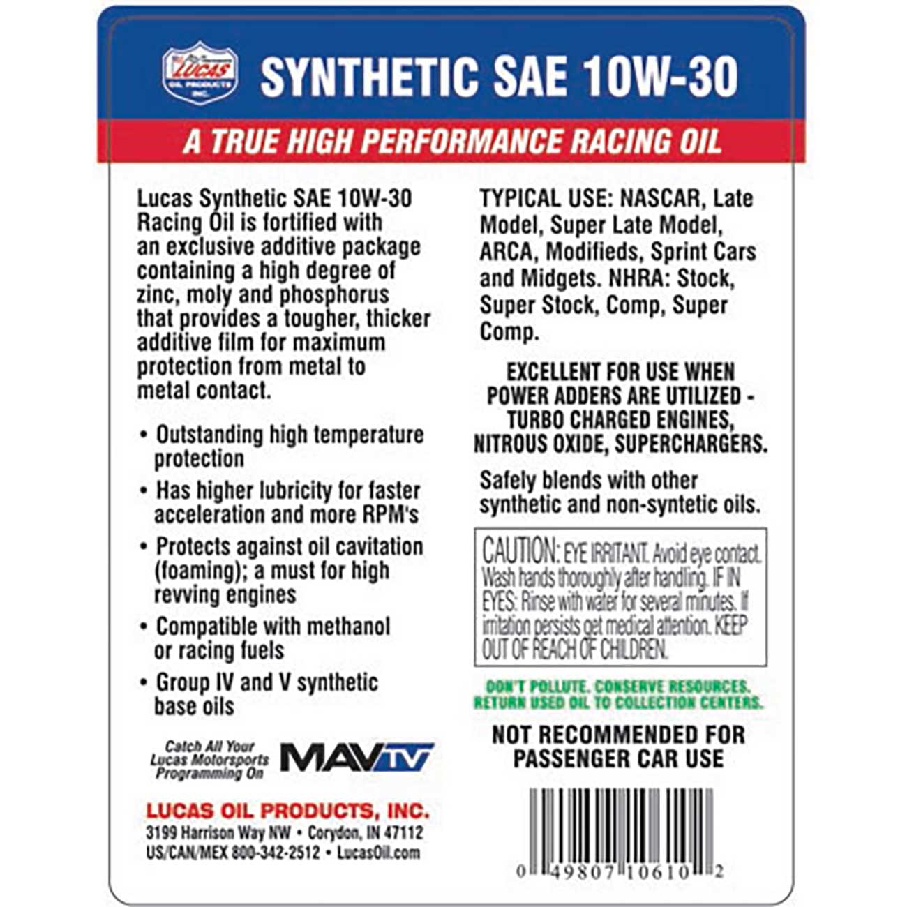 Lucas Oil Synthetic Sae 10w-30 Racing Motor Oil - 5 Quart