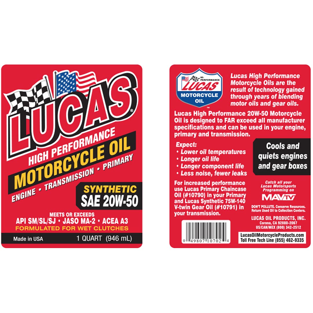 Lucas Oil Synthetic Sae 20w-50 Motorcycle With Moly - 1 Quart