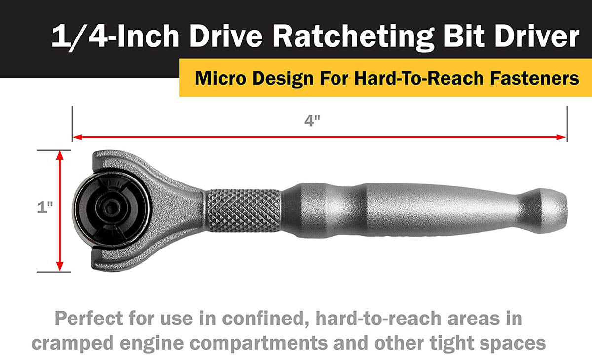 Titan 1/4" Drive Aluminum Swivel Head Micro Ratchet Bit Driver Silver