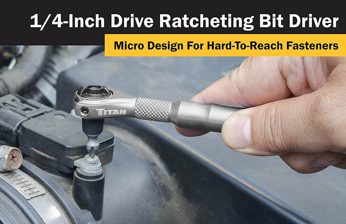 Titan 1/4" Drive Aluminum Swivel Head Micro Ratchet Bit Driver Silver