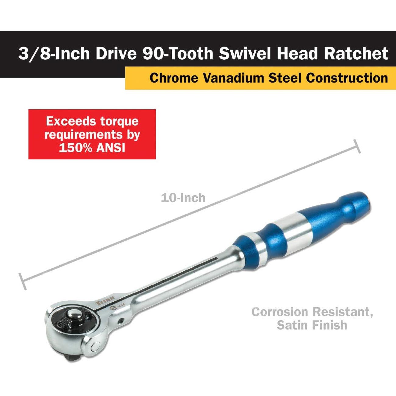 Titan 3/8" Drive X 10" Swivel Head Ratchet - 90 Tooth