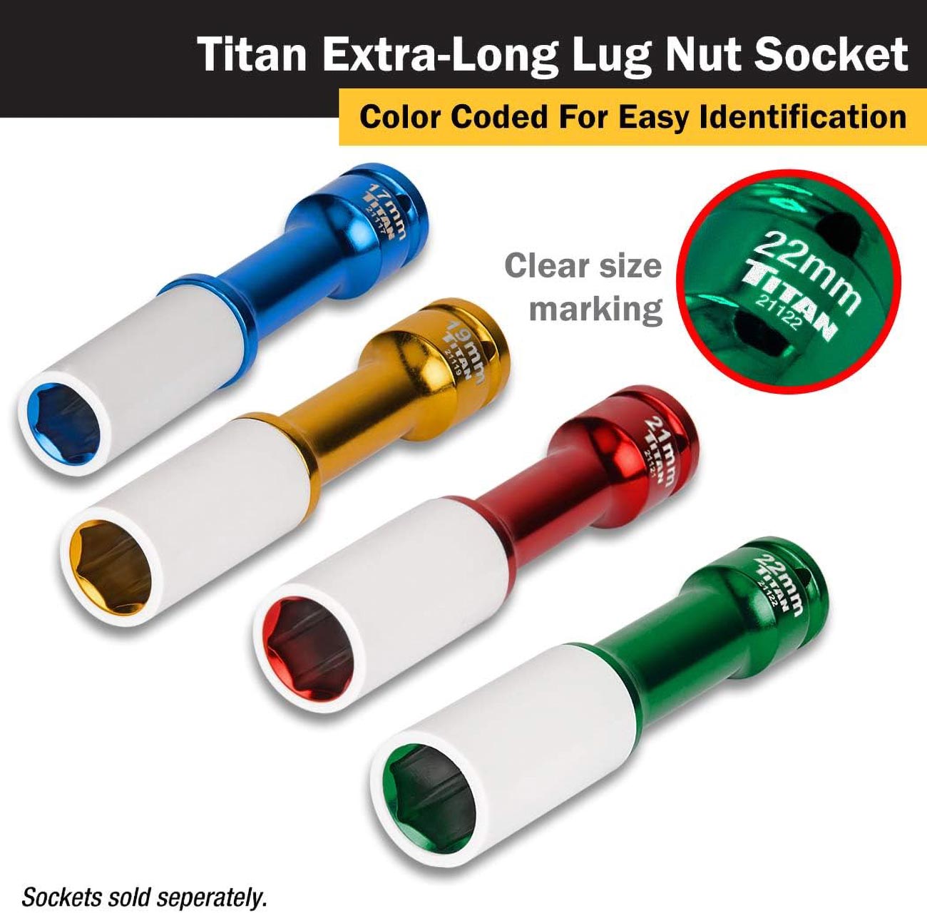 Titan 1/2" Impact Drive X 22mm Non-maring Extra-long Lug Nut Socket