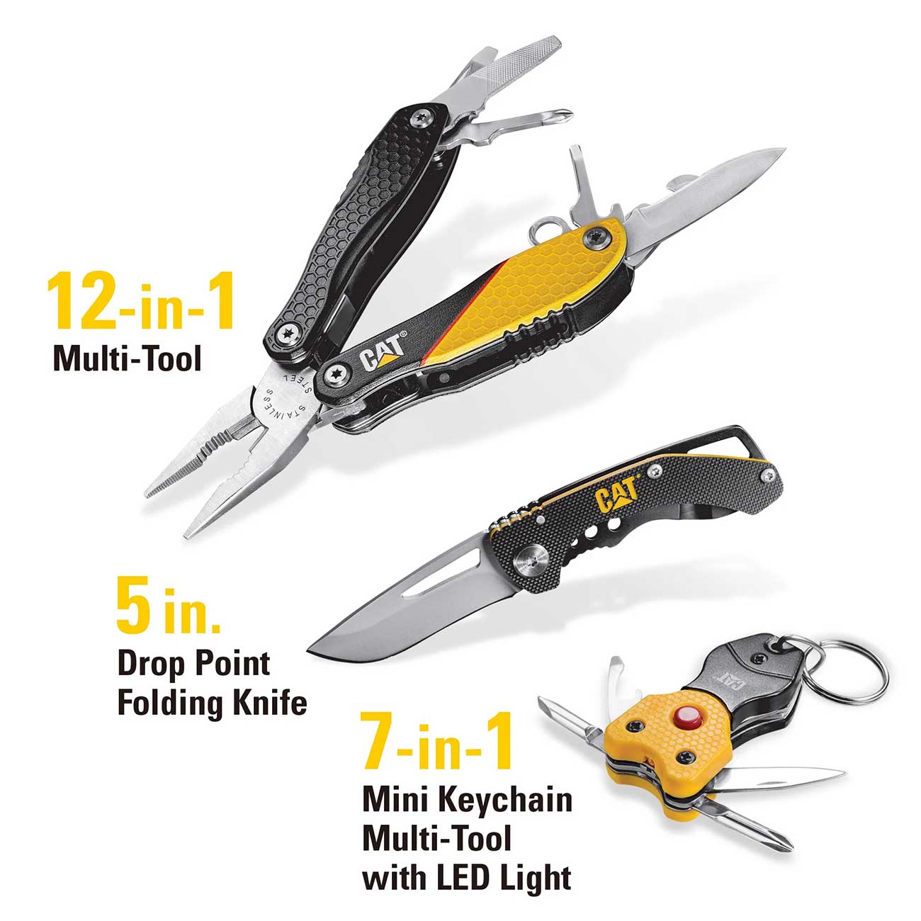 Cat 3 Piece 12-in-1 Multitool Knife And Multitool Key Chain Gift Box Set