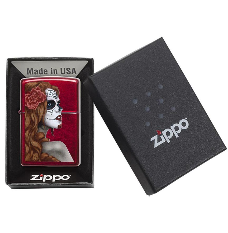 Zippo Windproof Lighter Day Of Dead Girl Candy Apple Red Translucent Finish