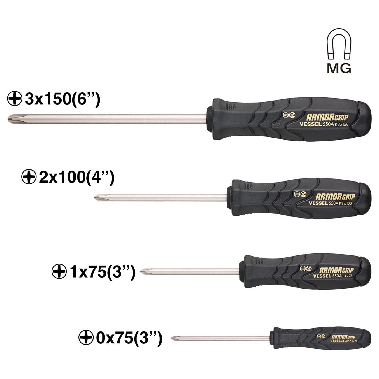 Vessel Armor Grip Screwdriver 4pc. Set No.550aph4pbu