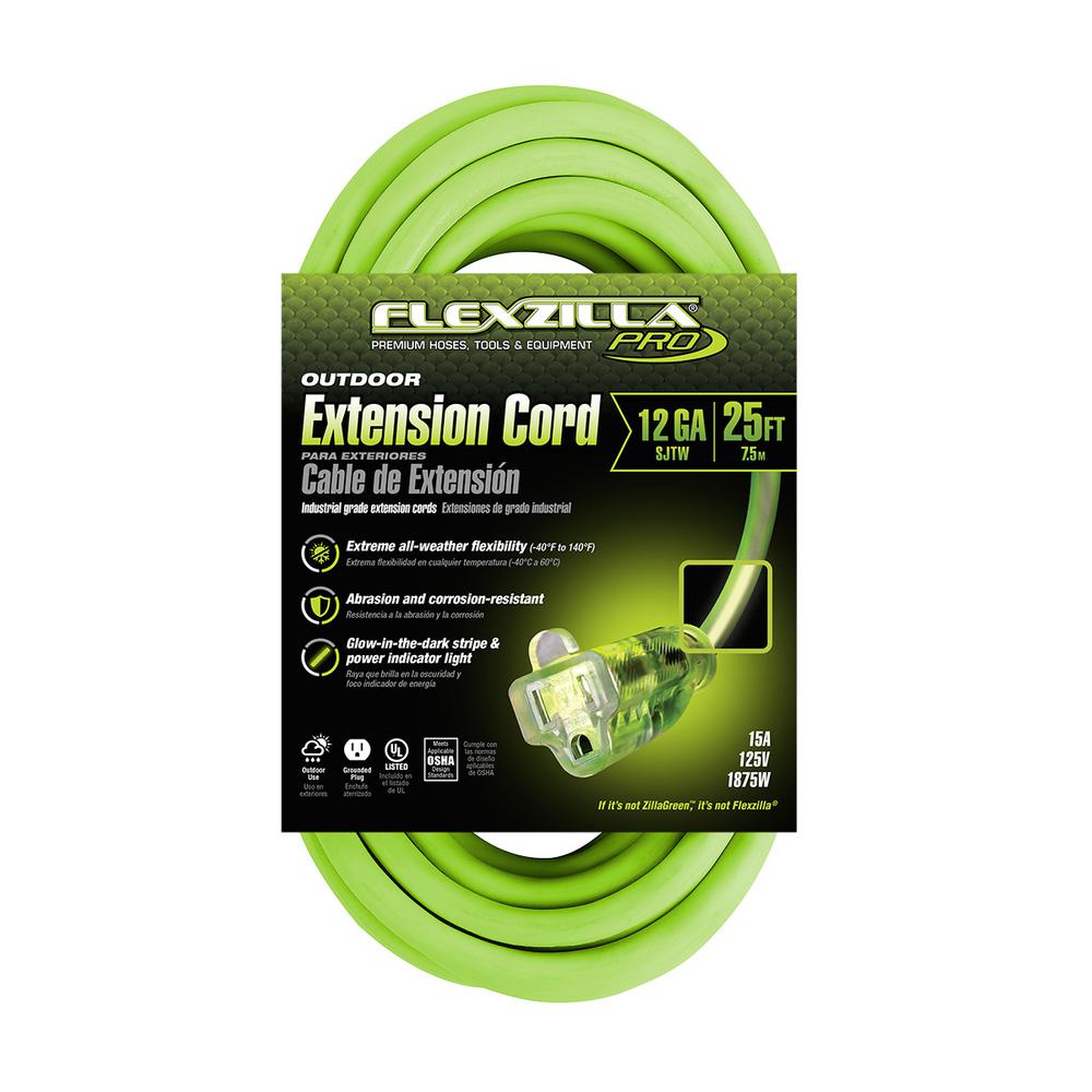 Flexzilla® Pro Extension Cord 12/3 Awg Sjtw 25' Outdoor Lighted Plug Zillagreen™