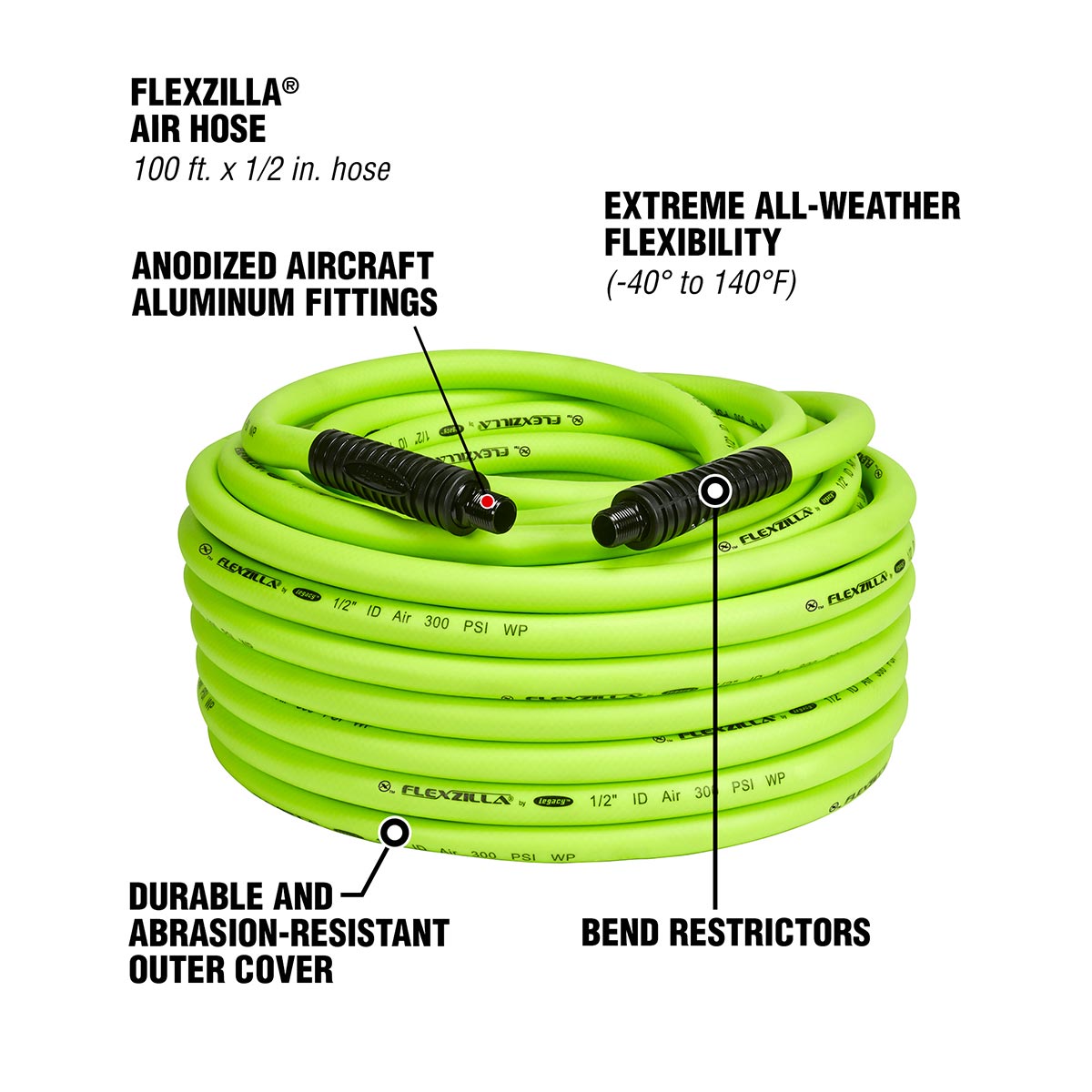 Flexzilla® Air Hose 1/2" X 100' 1/2" Mnpt Fittings Zillagreen®