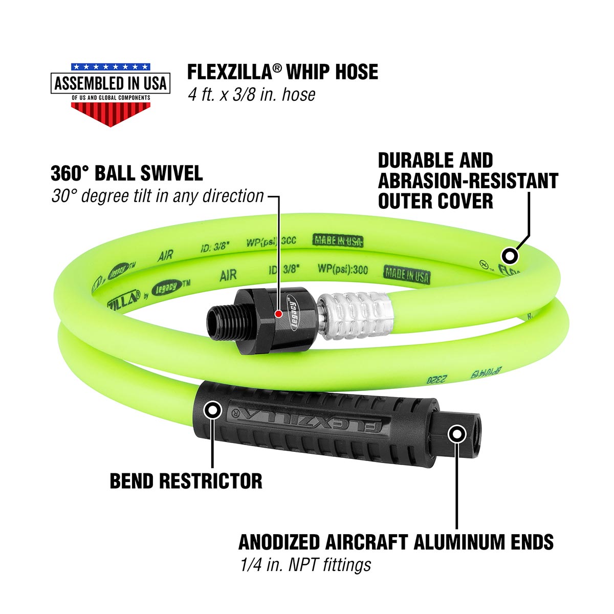 Flexzilla Heavy Duty Lightweight Whip Hose With Ball Swivel 3/8" X 4'