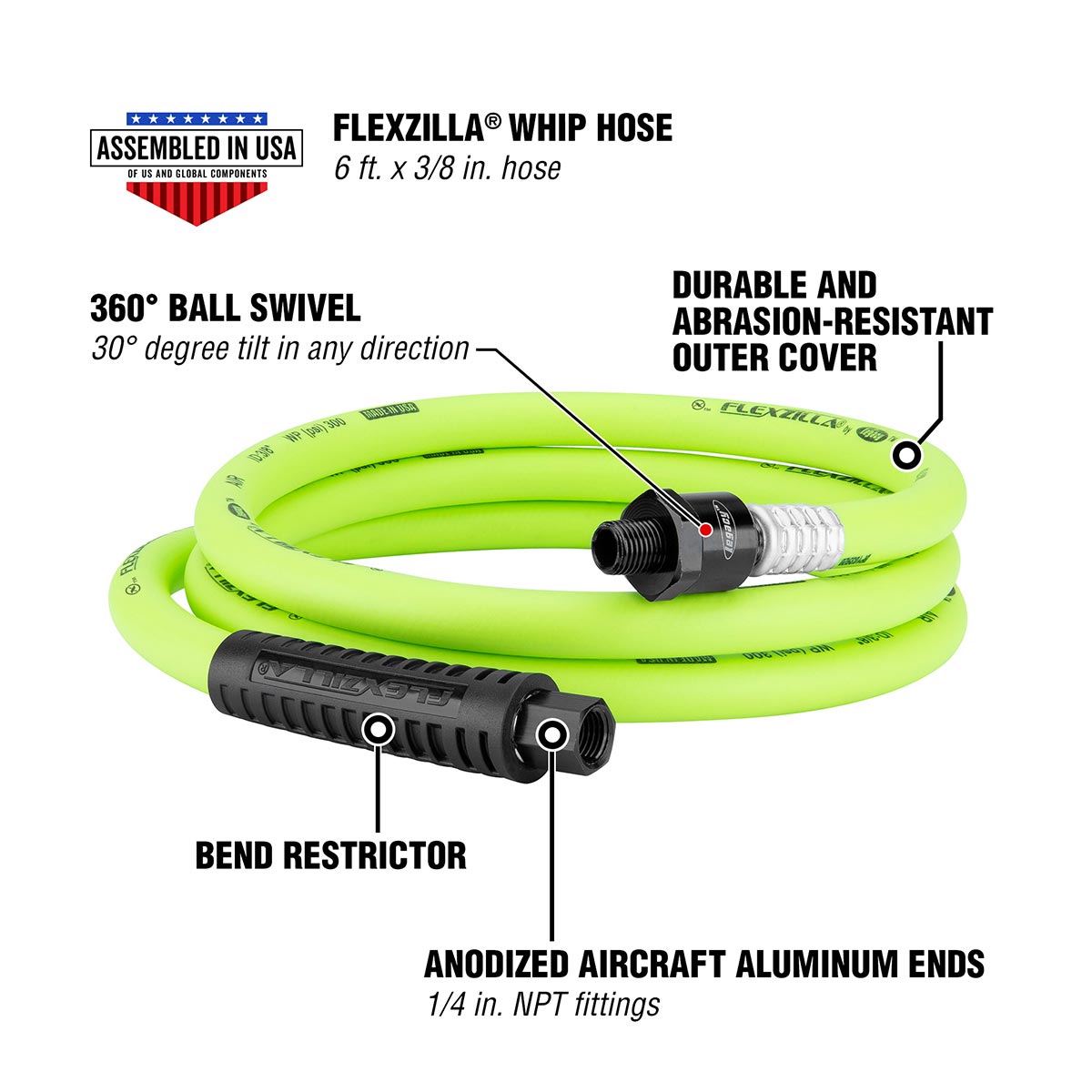 Flexzilla Whip Hose With Ball Swivel 3/8" X 6'