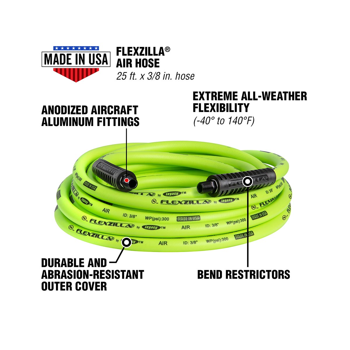 Flexzilla® Air Hose 3/8" X 25' 1/4" Mnpt Fittings Zillagreen®