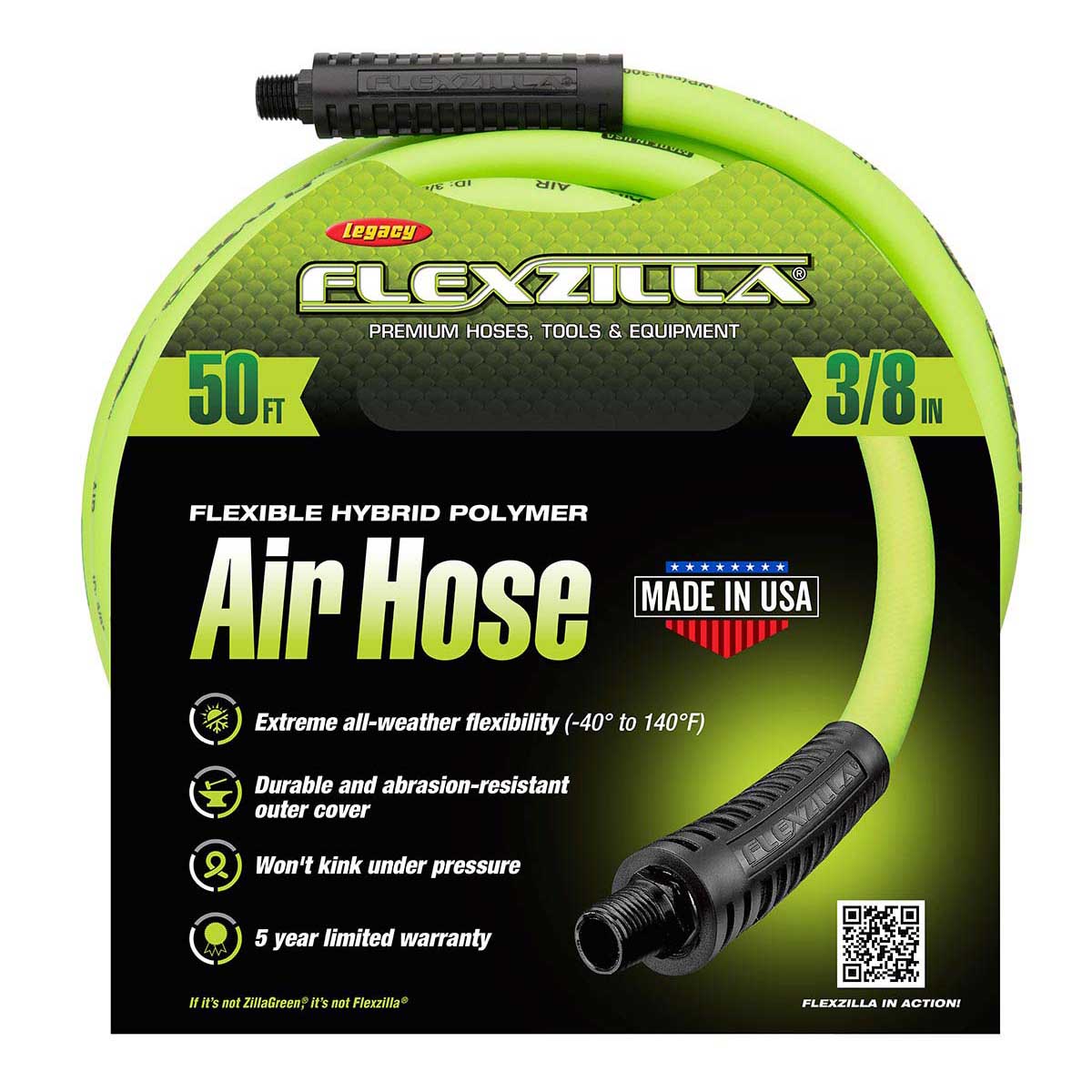 Flexzilla® Air Hose 3/8" X 50' 1/4" Mnpt Fittings Zillagreen®