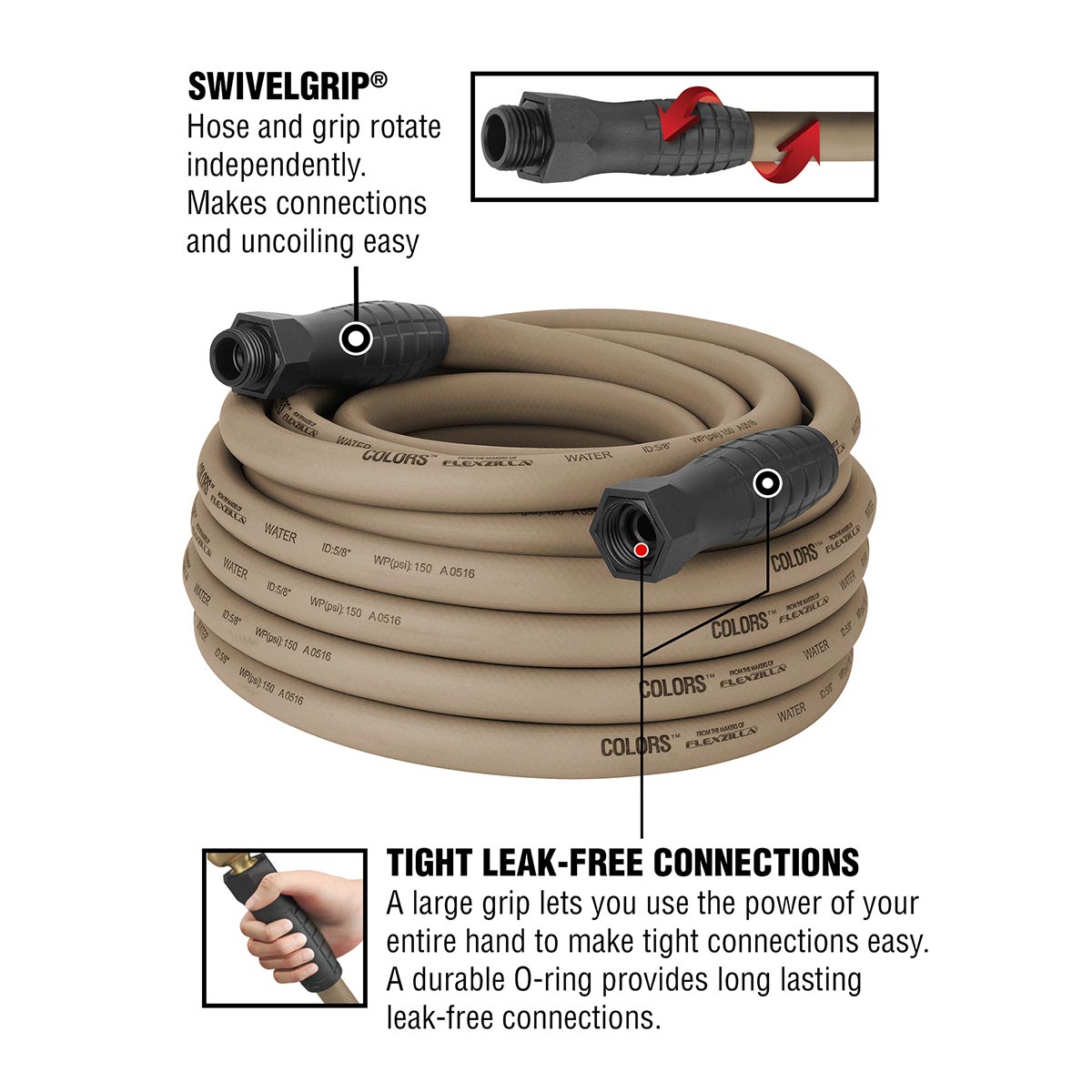 Flexzilla® Colors™ Swivelgrip® Garden Hose 5/8" X 50' 3/4" - 11 1/2 Ght Fittings Brown Mulch