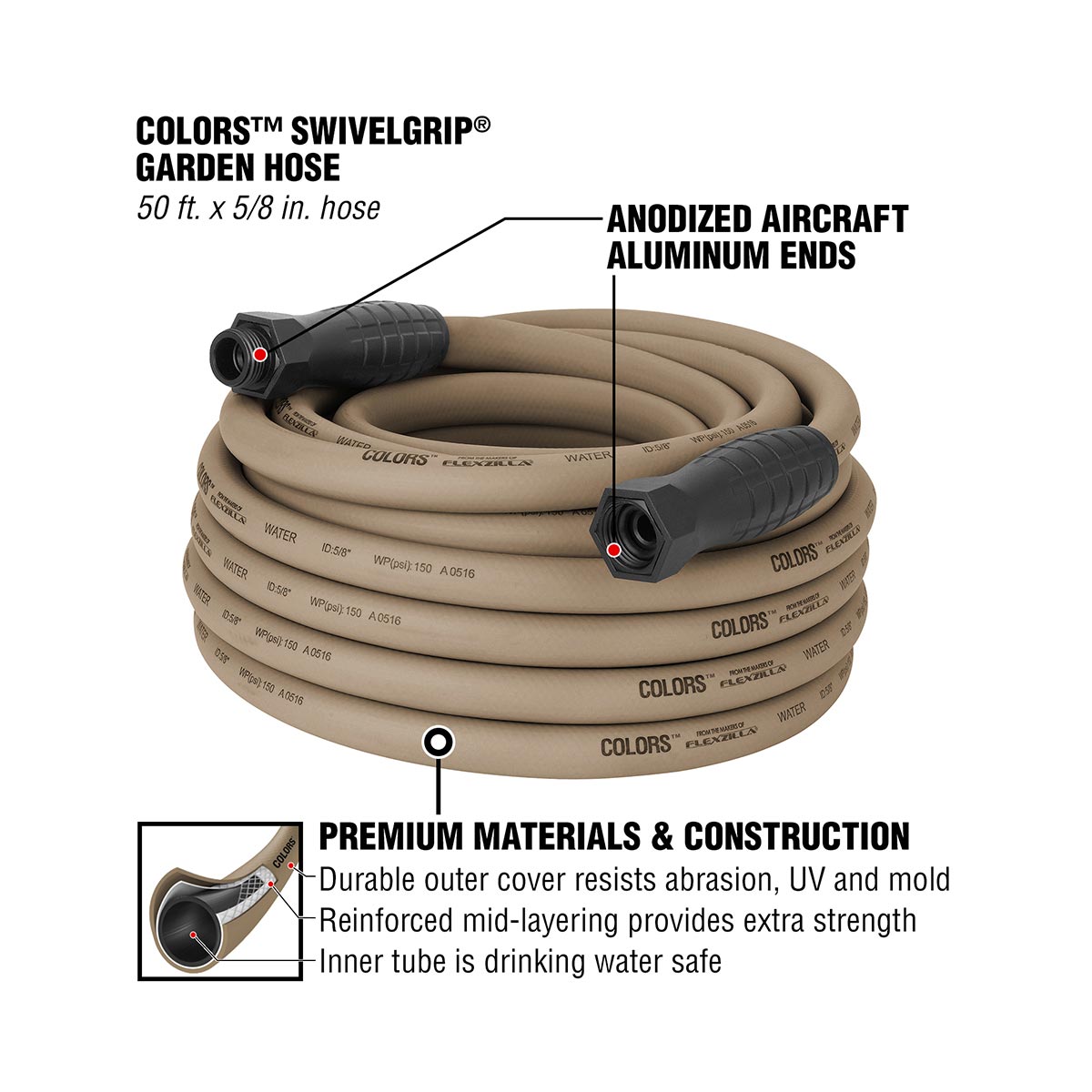 Flexzilla® Colors™ Swivelgrip® Garden Hose 5/8" X 50' 3/4" - 11 1/2 Ght Fittings Brown Mulch