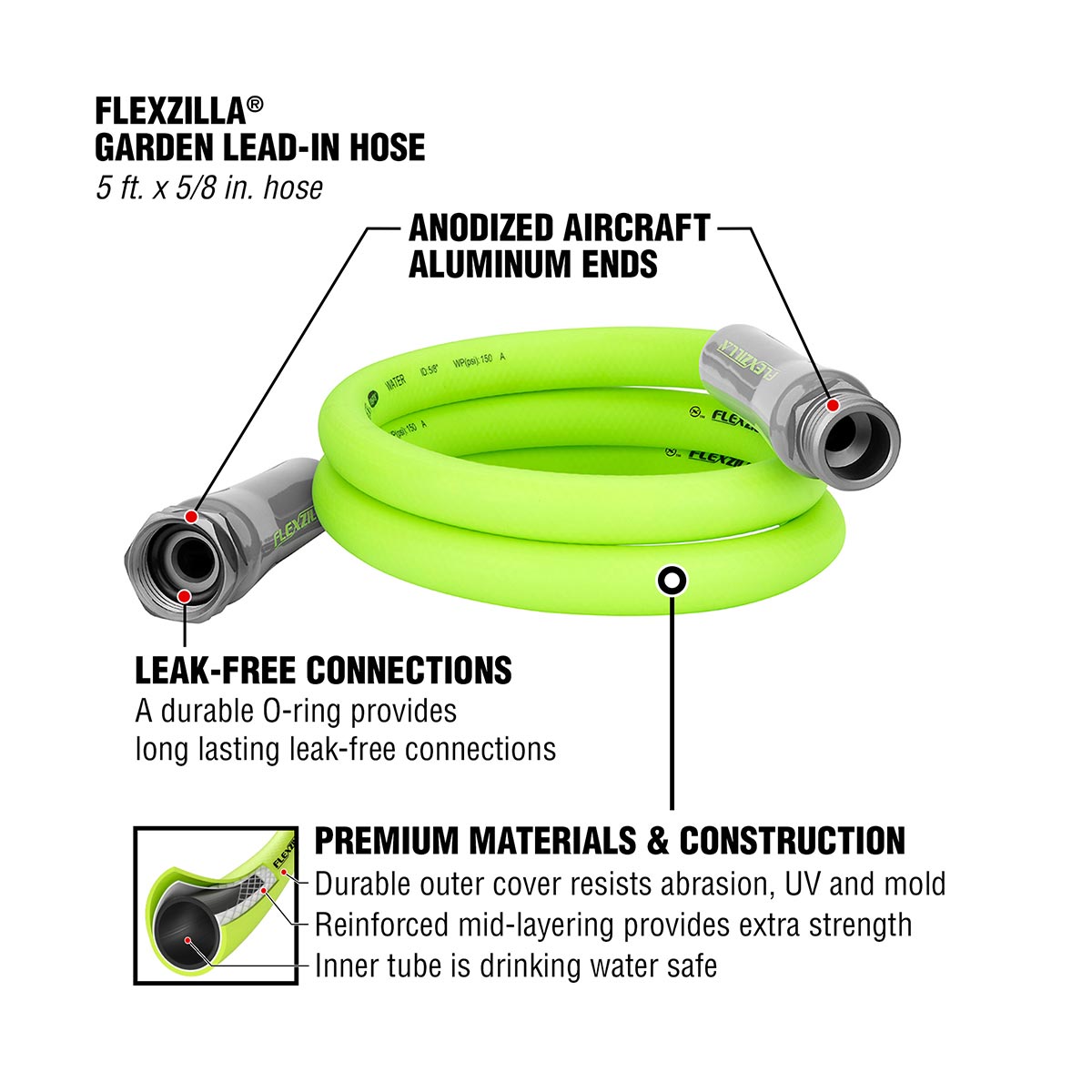 Flexzilla® Garden Lead-in Hose 5/8" X 5' 3/4" - 11 1/2 Ght Fittings Zillagreen®