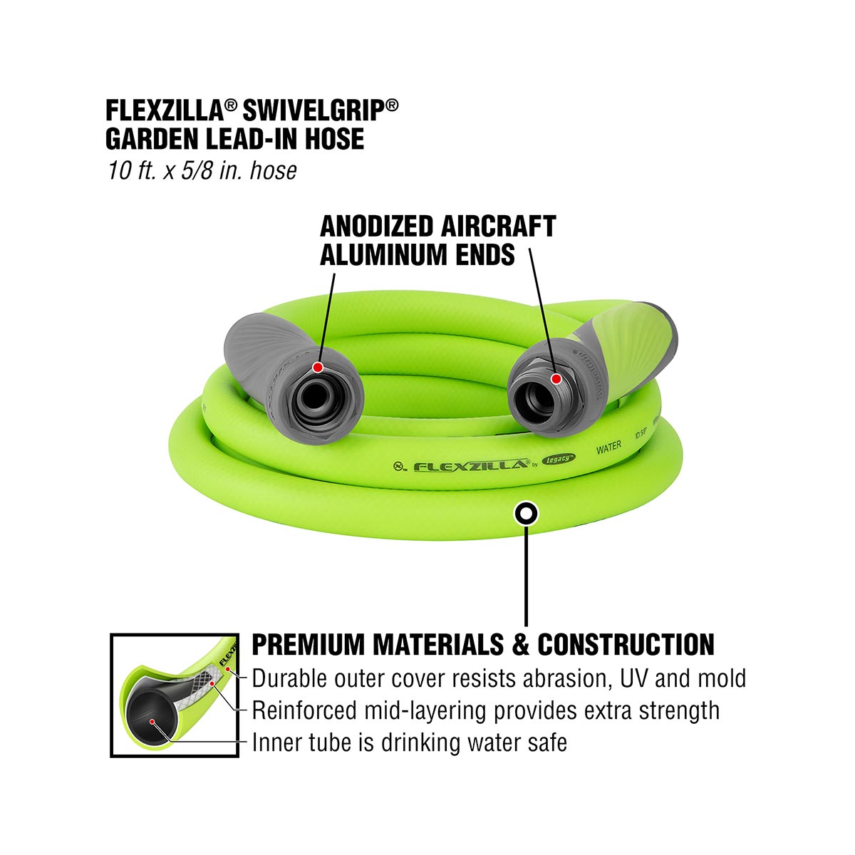 Flexzilla® Swivelgrip® Garden Lead-in Hose 5/8" X 10' 3/4" - 11 1/2 Ght Fittings Zillagreen®