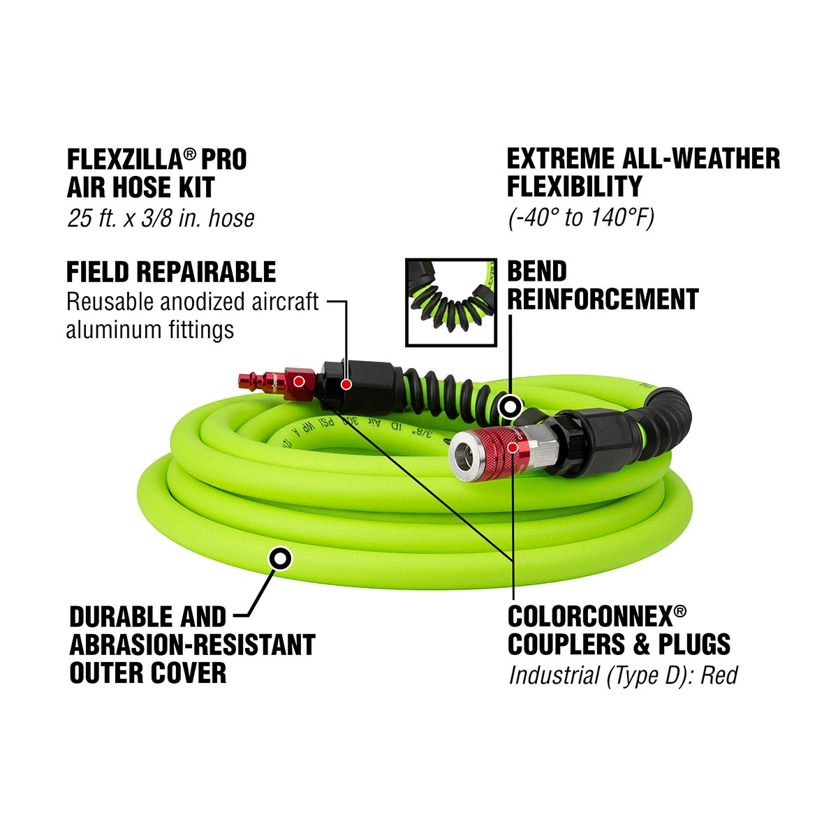 Flexzilla Heavy Duty Lightweight Air Hose 3/8" X 25' With Colorconnex Coupler And Plug - (red) Ty