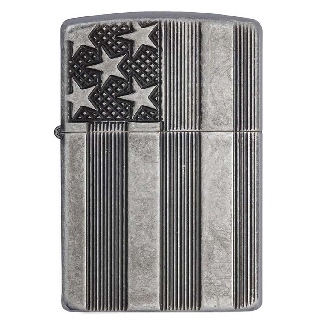 Zippo Windproof Lighter U.s. Flag Armor Case  Antique Slilver Plate Finish